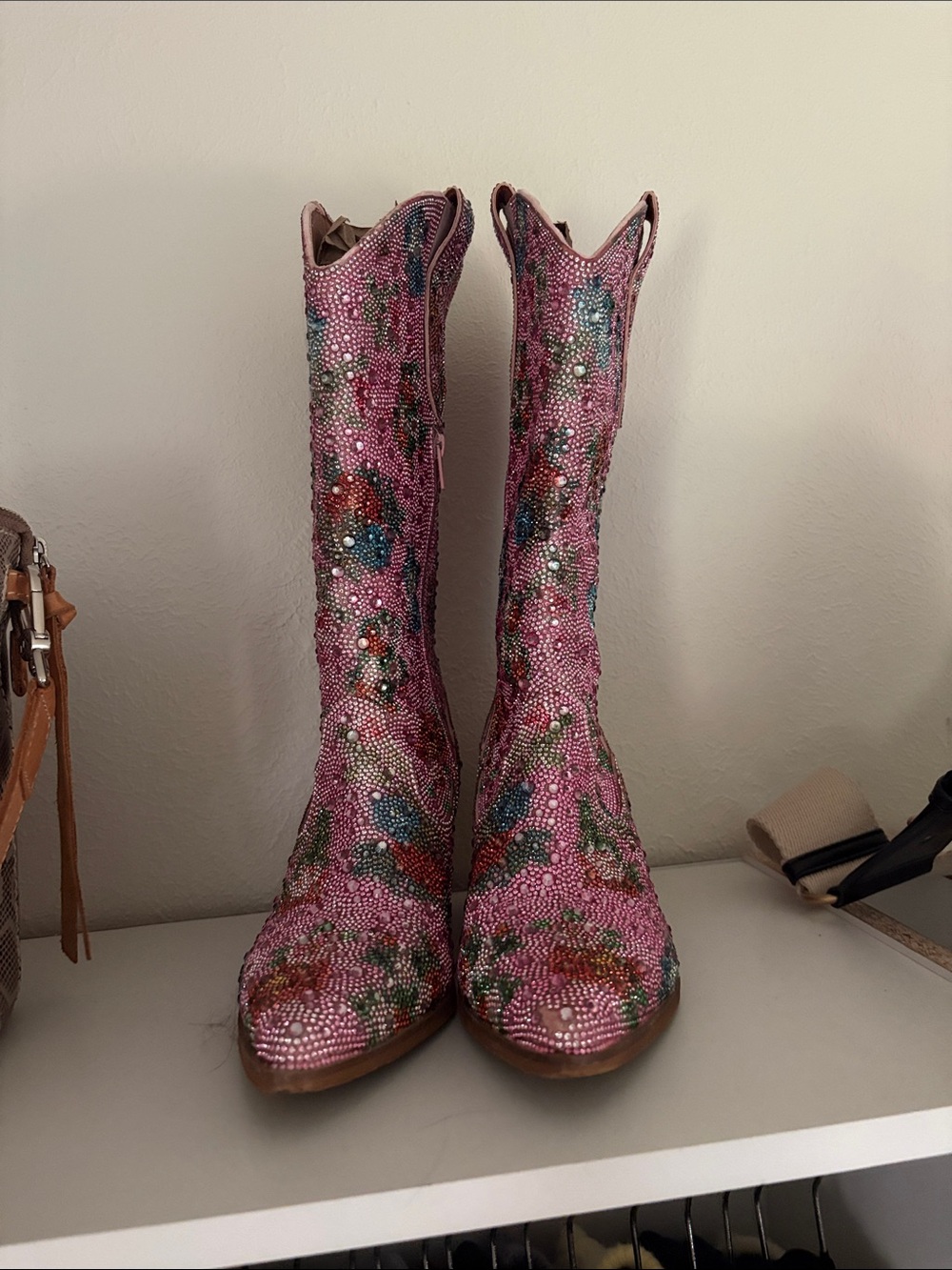 BEAST FASHION Pink Floral Crystal Embellished Knee-High Boots